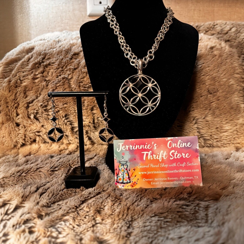 Silver Tone Geometric Flower of Life Necklace and Earring Set Triple Chain 18in